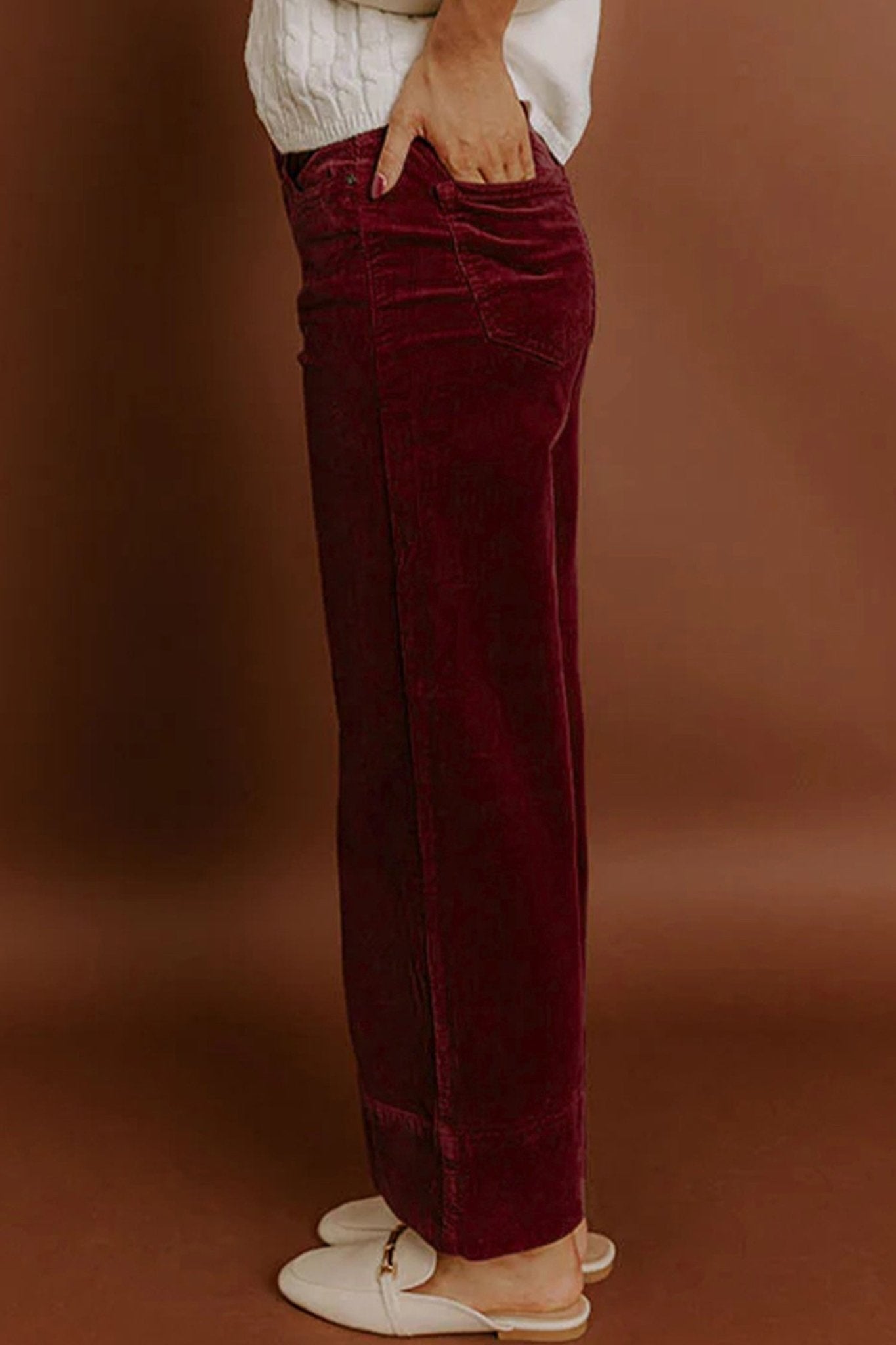 Burgundy Corduroy Solid Color High Waist Wide Leg Pants - Crowned Energy CO.