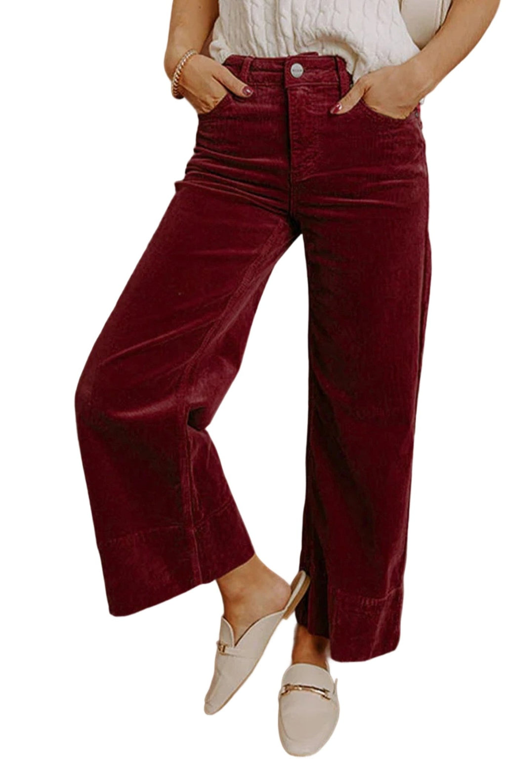 Burgundy Corduroy Solid Color High Waist Wide Leg Pants - Crowned Energy CO.