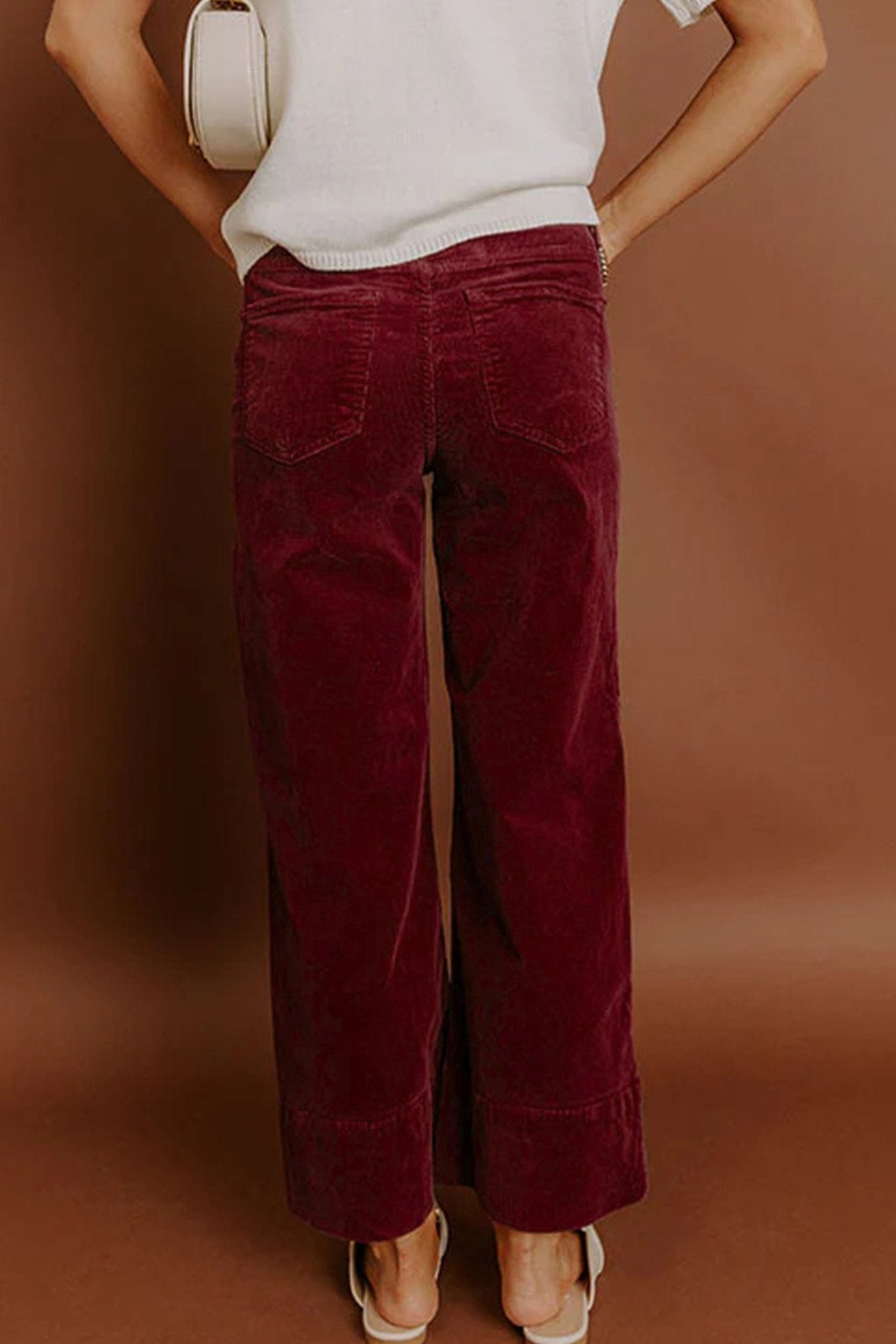 Burgundy Corduroy Solid Color High Waist Wide Leg Pants - Crowned Energy CO.