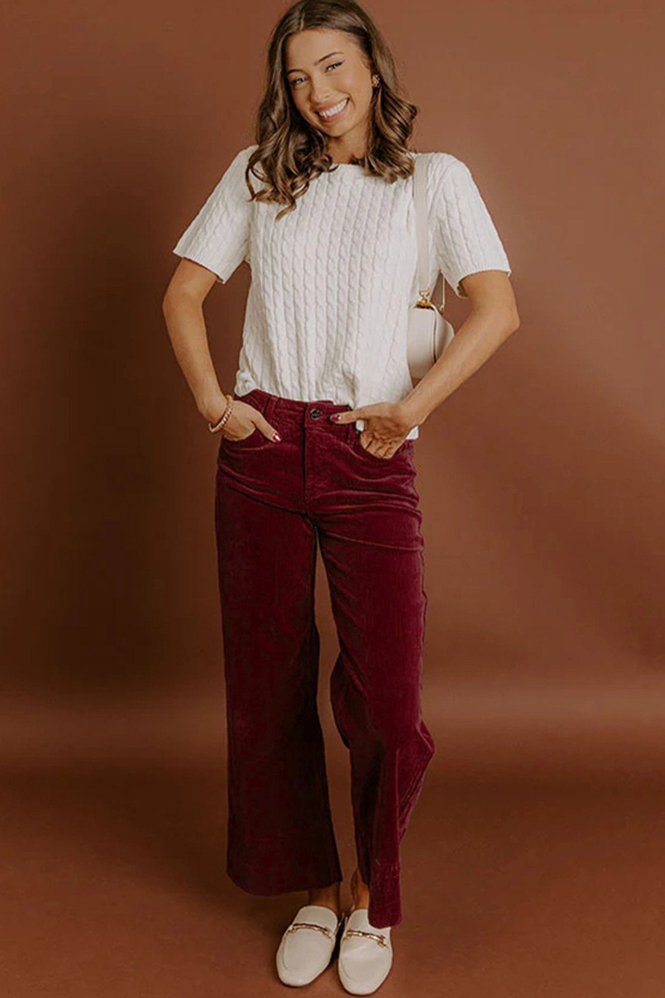 Burgundy Corduroy Solid Color High Waist Wide Leg Pants - Crowned Energy CO.