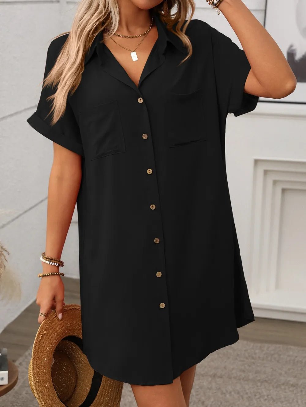 Button Down Short Sleeve Mini Dress - Crowned Energy CO.