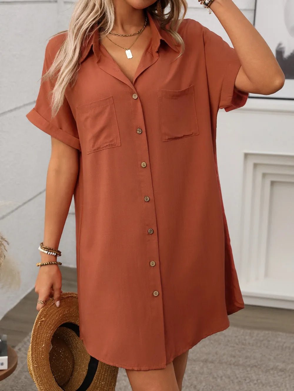 Button Down Short Sleeve Mini Dress - Crowned Energy CO.