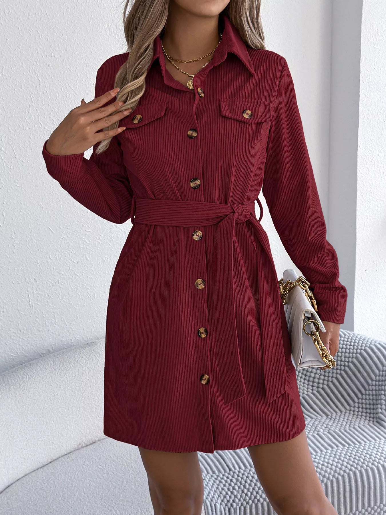 Crowned Energy CO. Burgundy / S Trendsi Dresses Button-Front Corduroy Shirt Dress