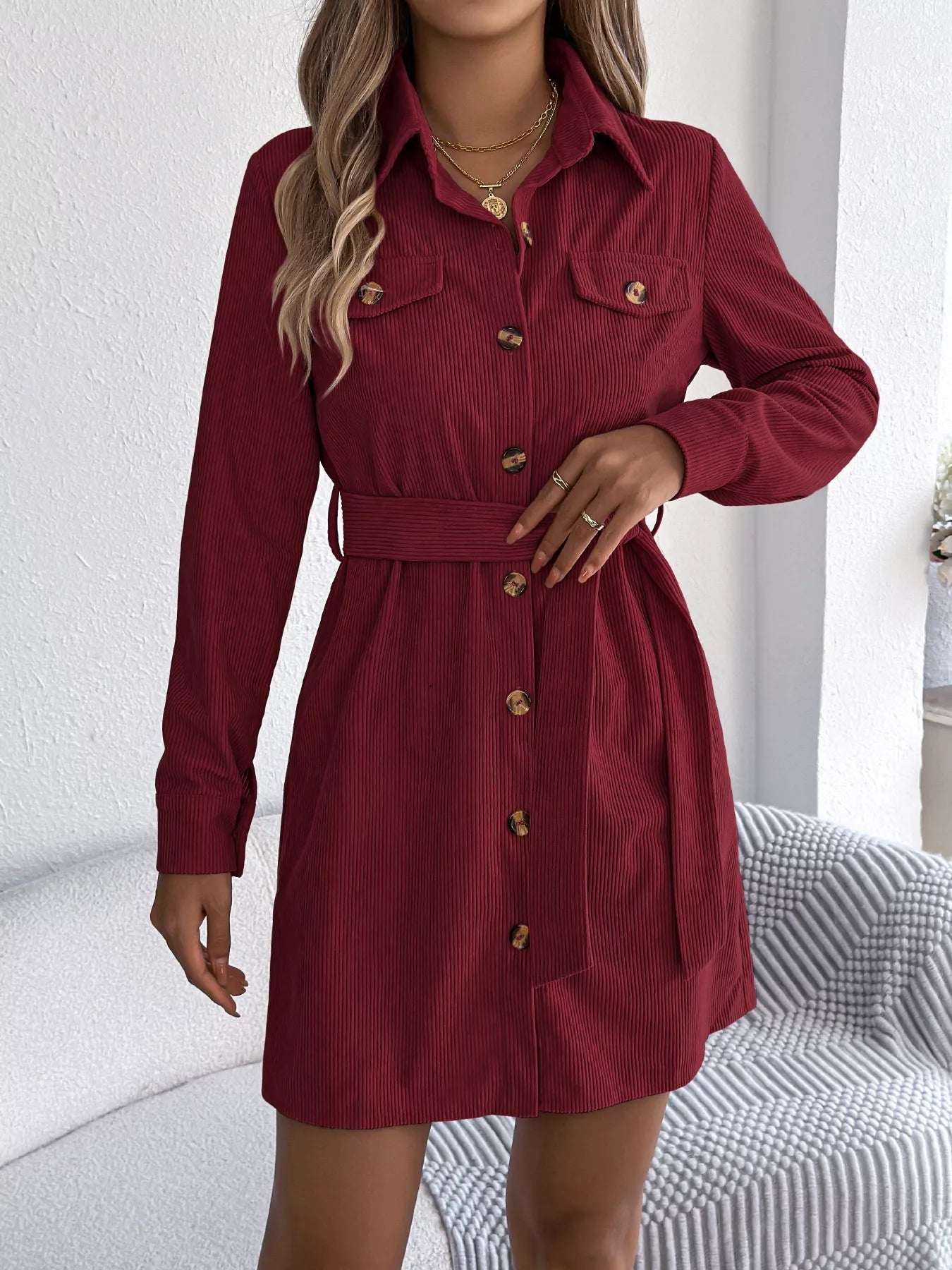 Crowned Energy CO. Burgundy / S Trendsi Dresses Button-Front Corduroy Shirt Dress