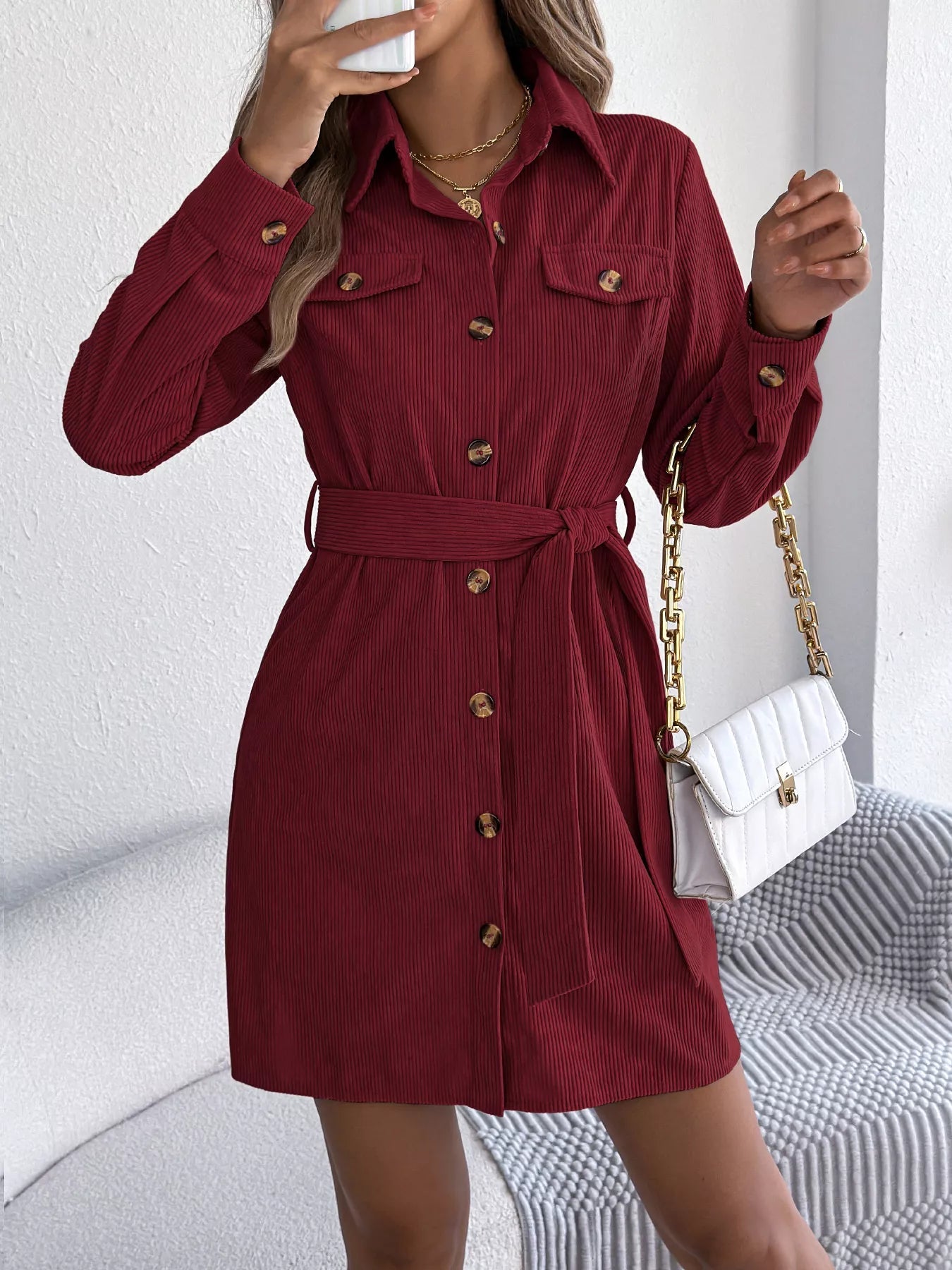 Crowned Energy CO. Burgundy / S Trendsi Dresses Button-Front Corduroy Shirt Dress