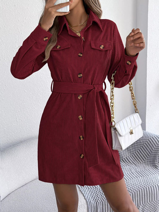 Crowned Energy CO. Burgundy / S Trendsi Dresses Button-Front Corduroy Shirt Dress
