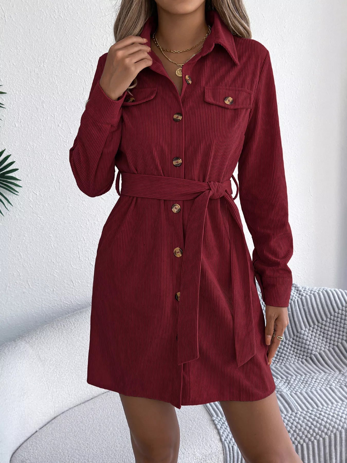 Crowned Energy CO. Burgundy / S Trendsi Dresses Button-Front Corduroy Shirt Dress