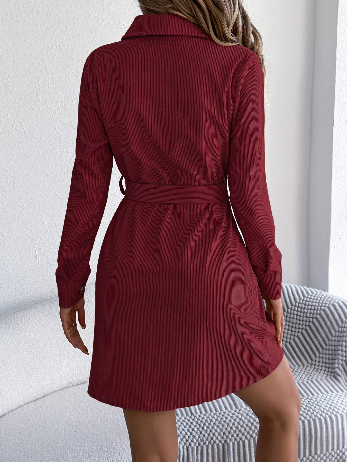 Crowned Energy CO. Burgundy / S Trendsi Dresses Button-Front Corduroy Shirt Dress