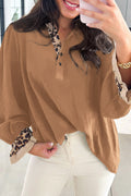 Camel Contrast Leopard Print Patchwork Polo Collar Buttons Front Ruffled Long Sleeve Blouse - Crowned Energy CO.