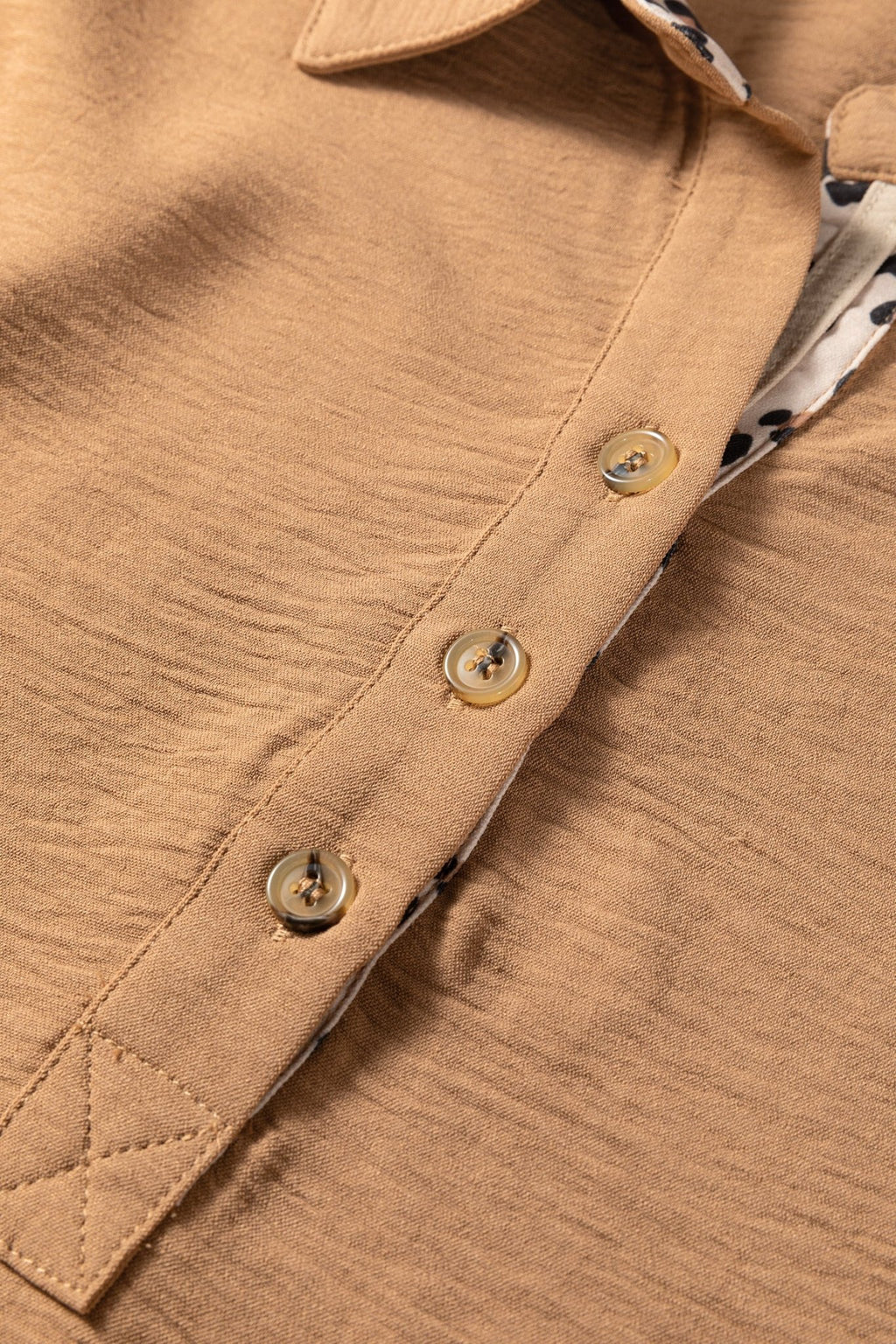 Camel Contrast Leopard Print Patchwork Polo Collar Buttons Front Ruffled Long Sleeve Blouse - Crowned Energy CO.