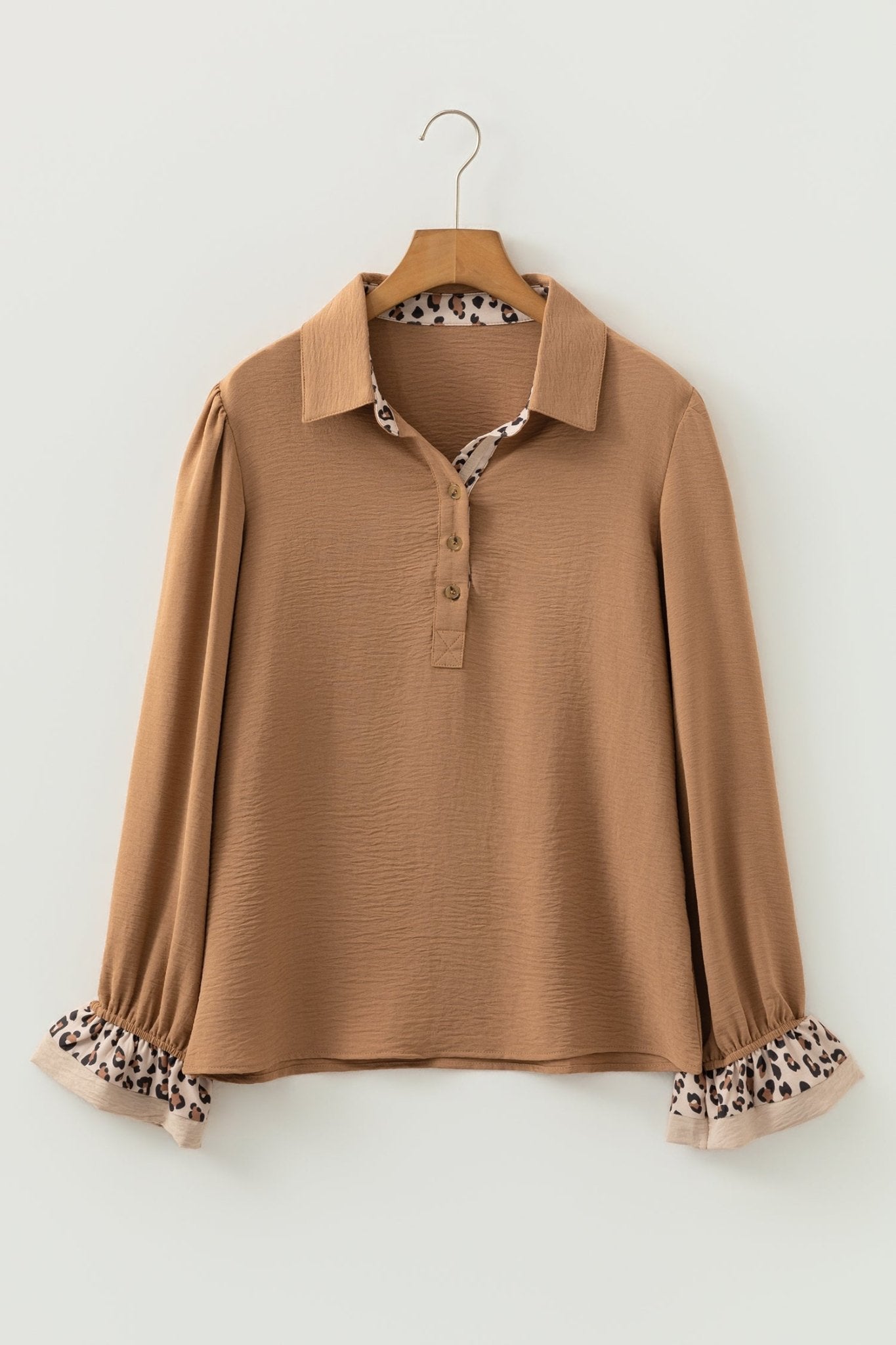 Camel Contrast Leopard Print Patchwork Polo Collar Buttons Front Ruffled Long Sleeve Blouse - Crowned Energy CO.