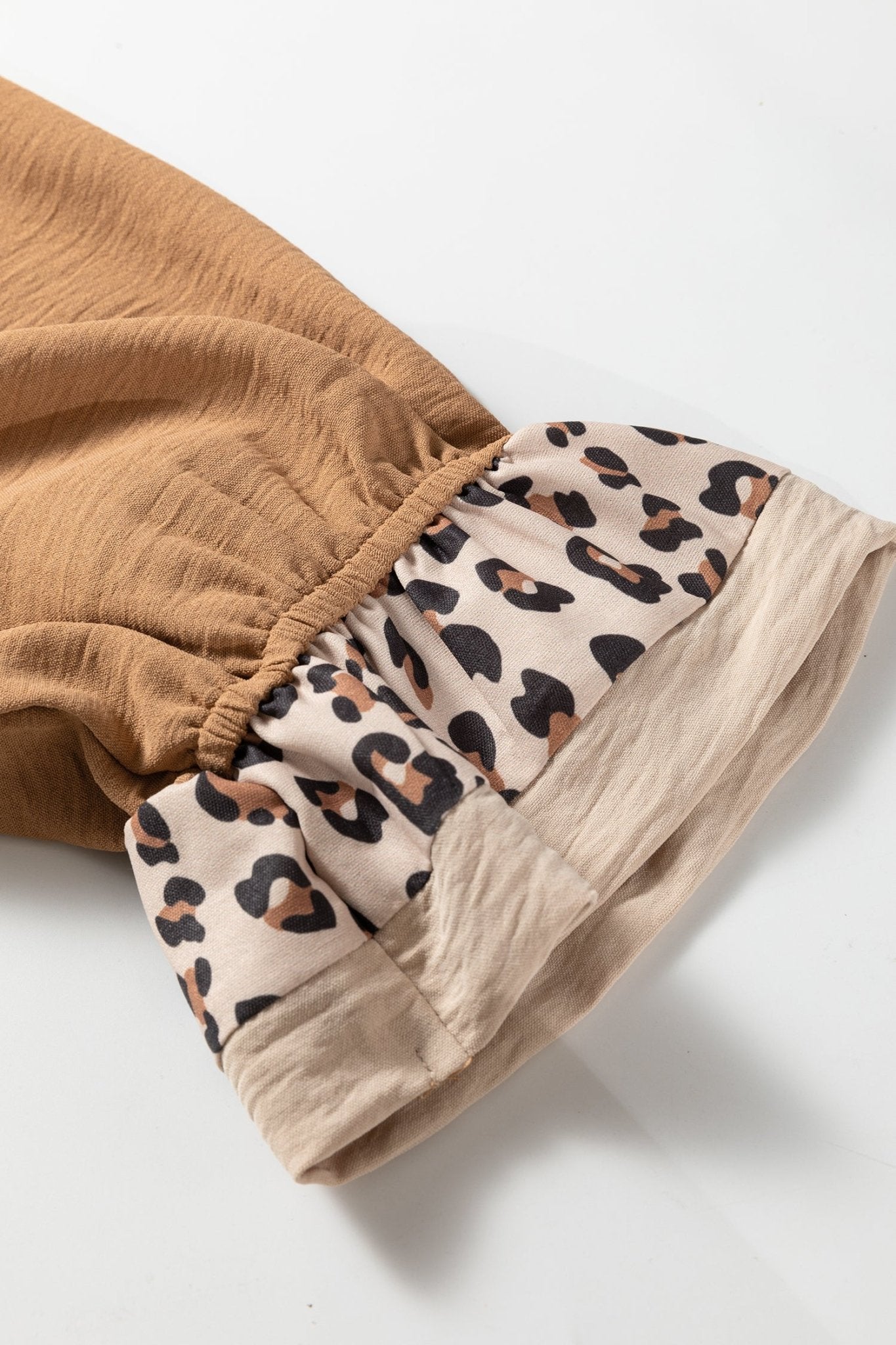 Camel Contrast Leopard Print Patchwork Polo Collar Buttons Front Ruffled Long Sleeve Blouse - Crowned Energy CO.