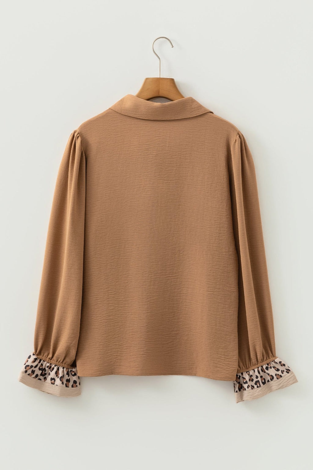 Camel Contrast Leopard Print Patchwork Polo Collar Buttons Front Ruffled Long Sleeve Blouse - Crowned Energy CO.