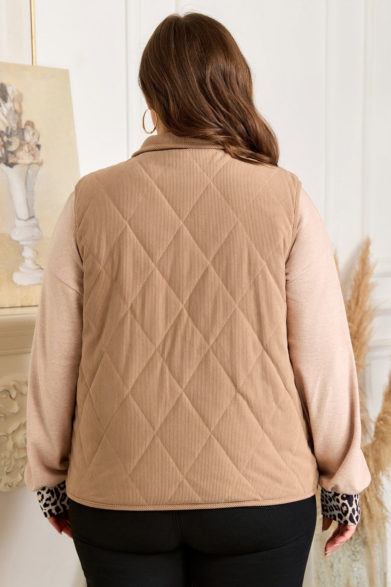 Crowned Energy CO. Camel / 1X / 100%Polyester Dear-Lover Dropshipping Plus Size/Plus Size Outerwear Camel Plus Size Quilted Cord Snap Button Vest Jacket