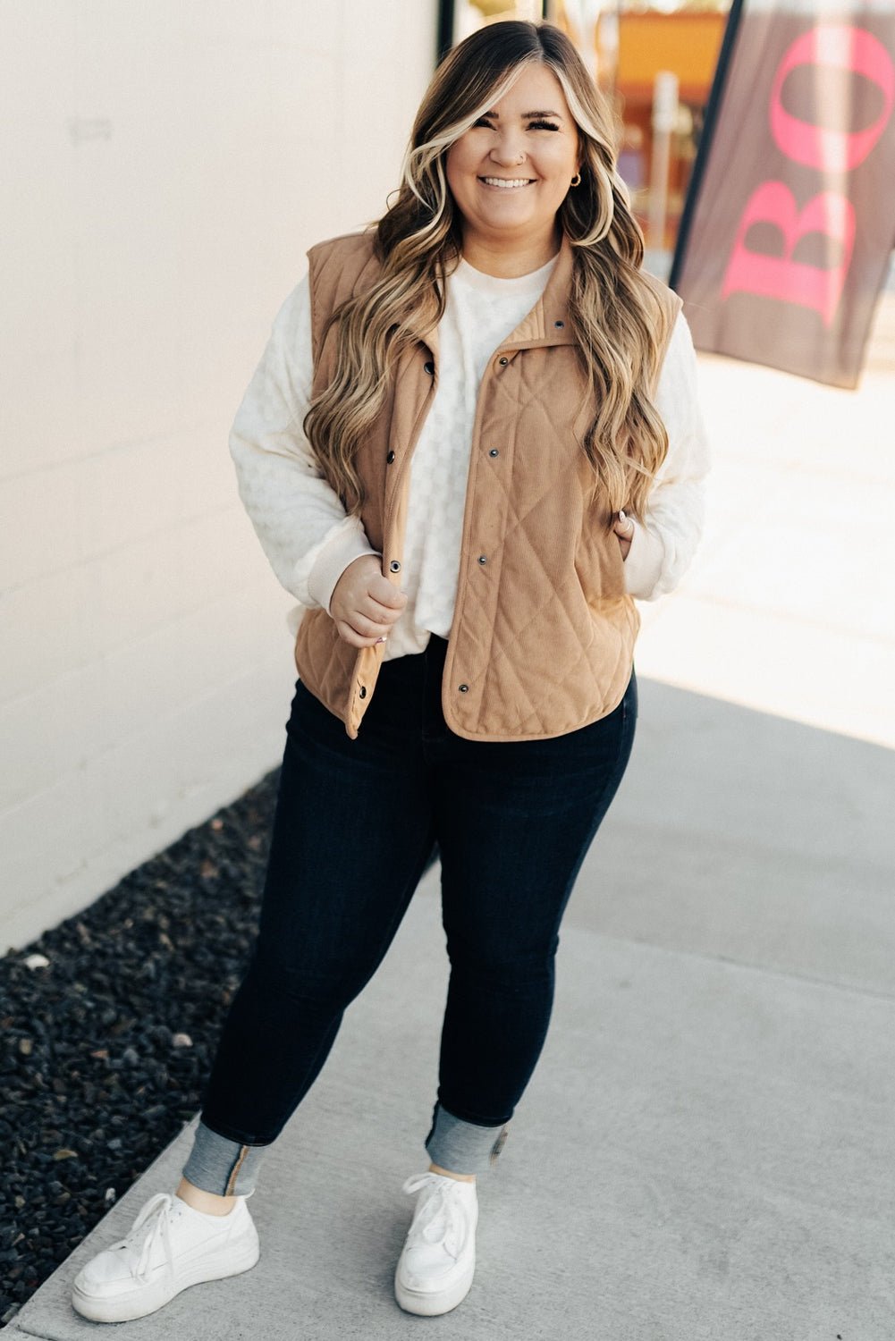 Crowned Energy CO. Camel / 1X / 100%Polyester Dear-Lover Dropshipping Plus Size/Plus Size Outerwear Camel Plus Size Quilted Cord Snap Button Vest Jacket