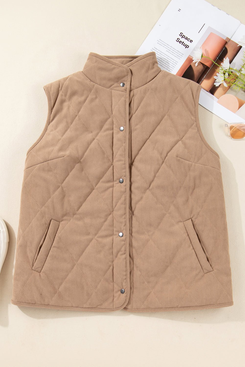 Crowned Energy CO. Camel / 1X / 100%Polyester Dear-Lover Dropshipping Plus Size/Plus Size Outerwear Camel Plus Size Quilted Cord Snap Button Vest Jacket