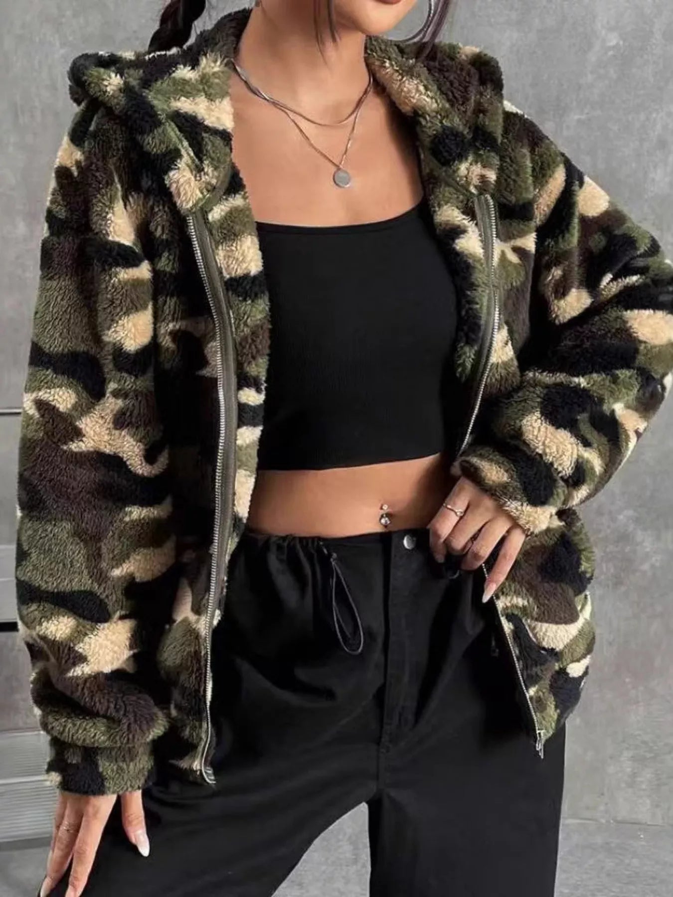 Camo Print Fuzzy Zip Up Outerwear - Crowned Energy CO.