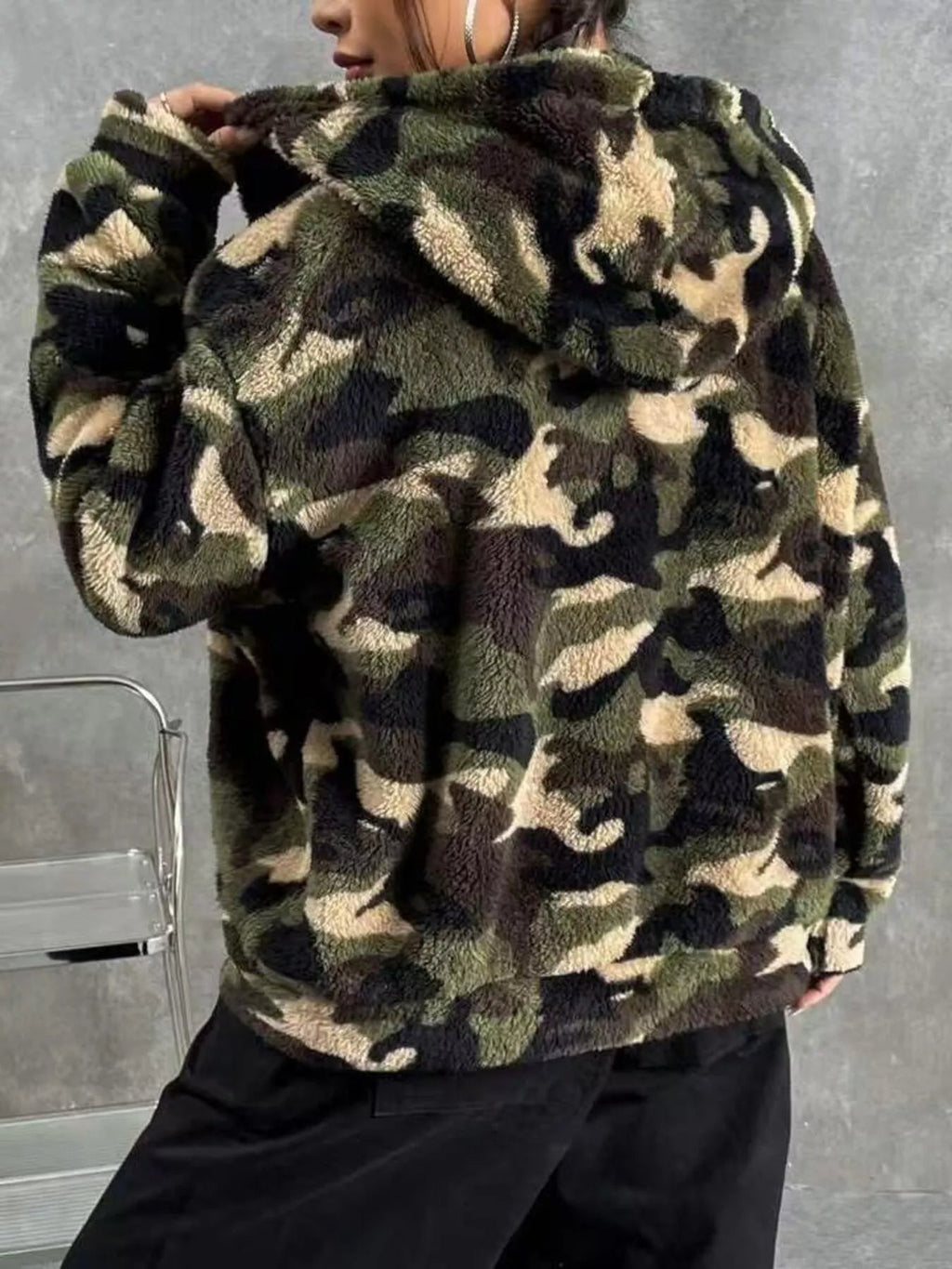 Camo Print Fuzzy Zip Up Outerwear - Crowned Energy CO.