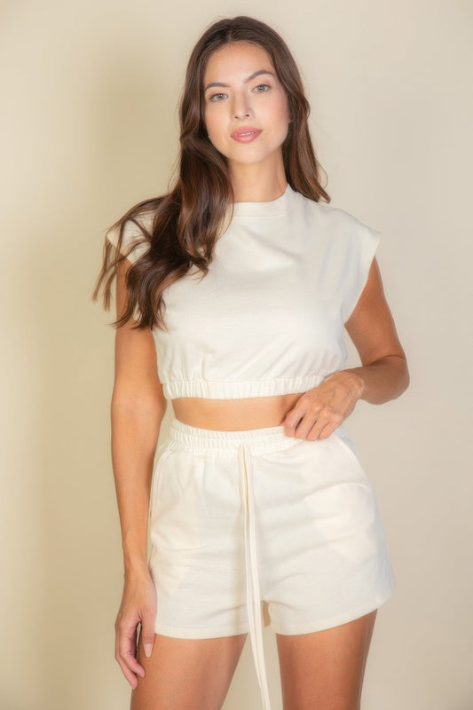 Crowned Energy CO. Beige / S CCWHOLESALECLOTHING OUTFIT SET Cap Sleeve Top And Shorts Sets