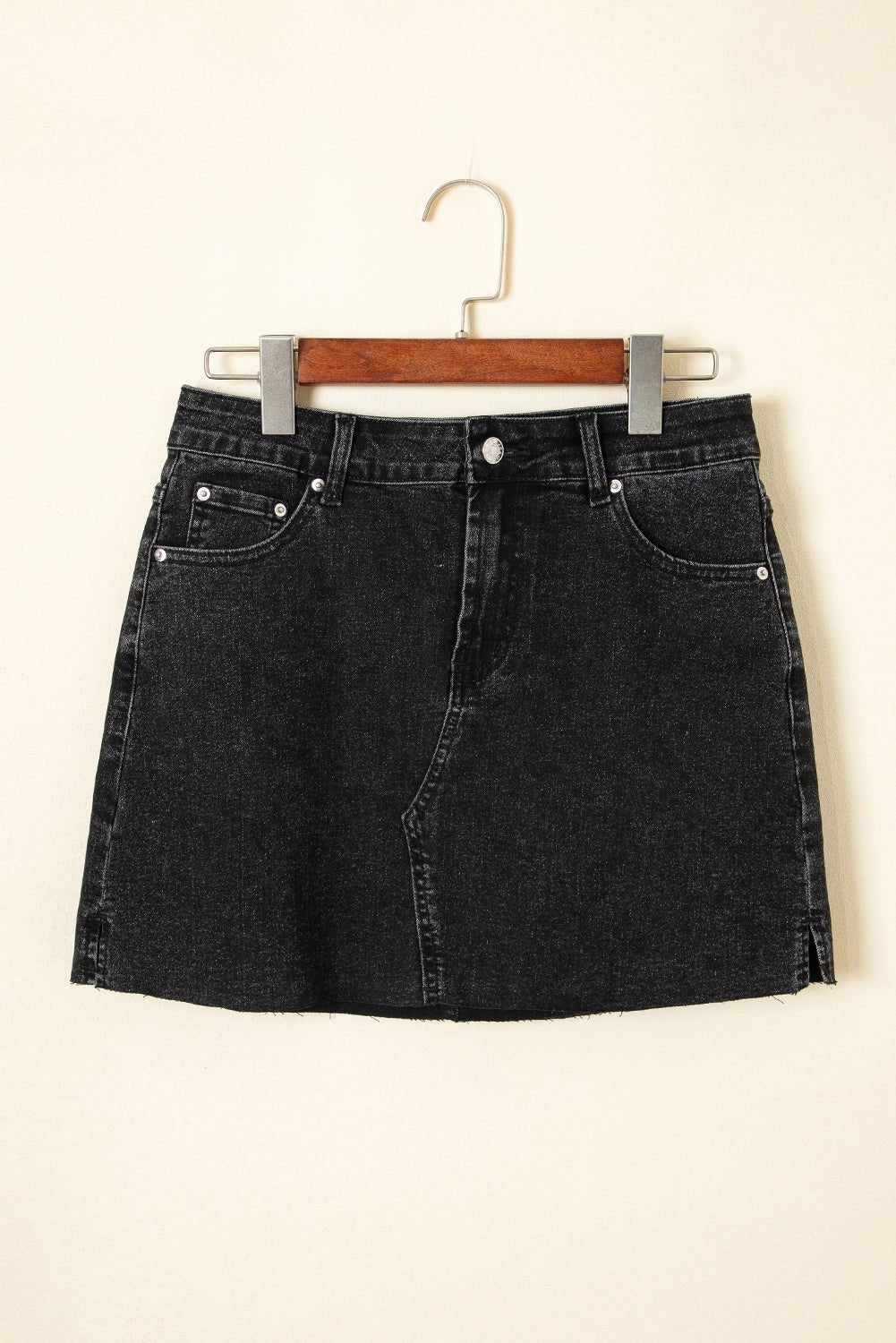 Carbon Grey Mineral Wash Ripped Raw Hem Denim Mini Skirt - Crowned Energy CO.