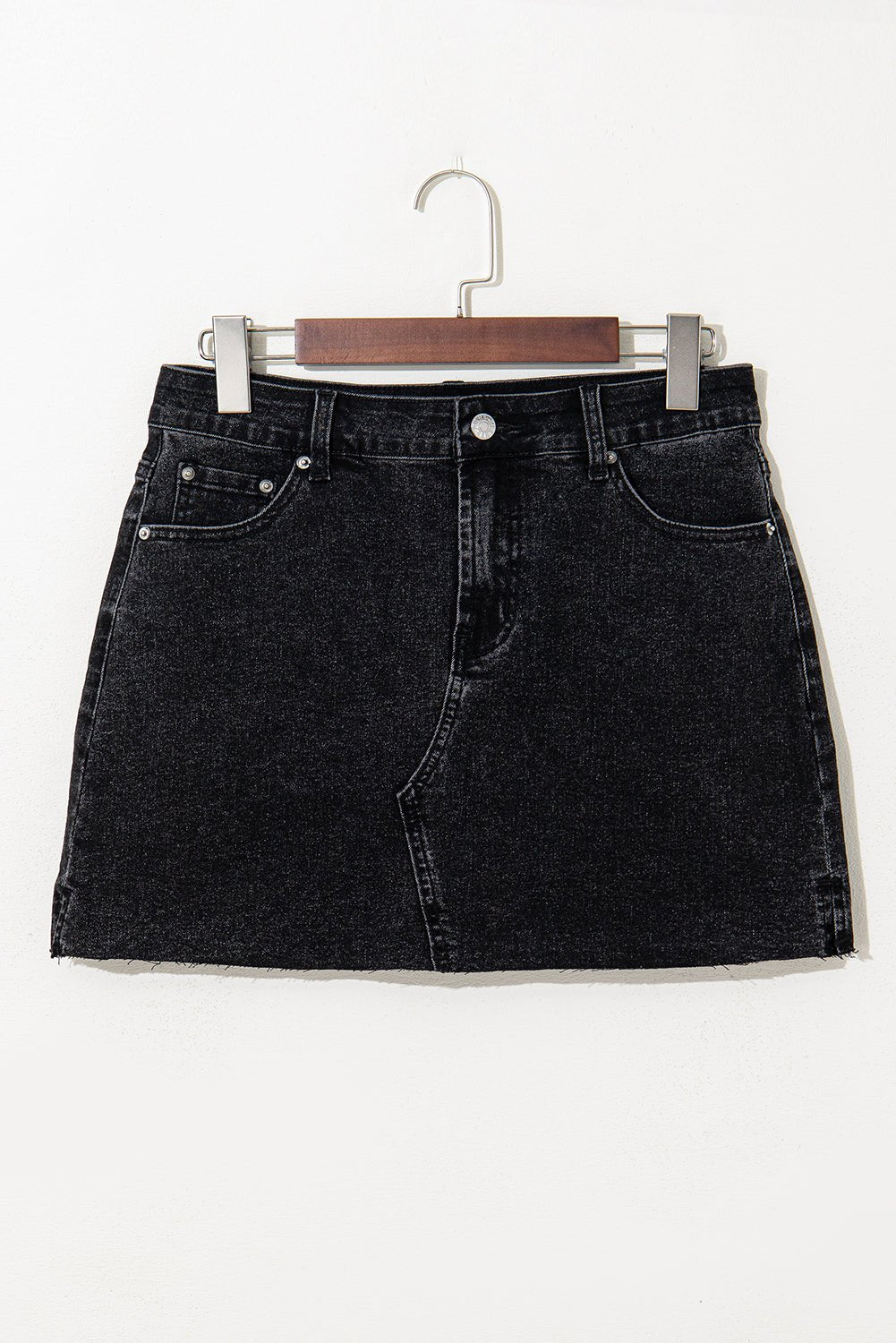 Carbon Grey Mineral Wash Ripped Raw Hem Denim Mini Skirt - Crowned Energy CO.