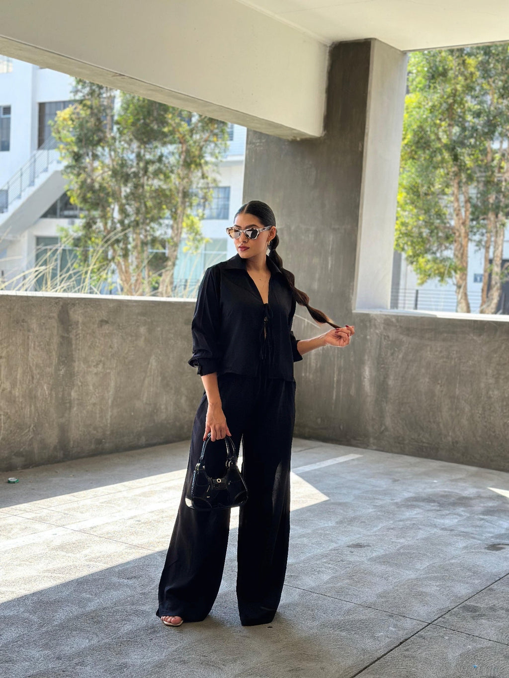 Casual Wide Leg Pants & Long Sleeve Front Tie Set - Crowned Energy CO.