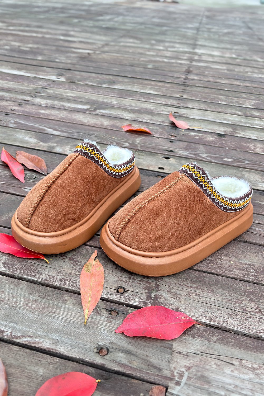 Crowned Energy CO. Chestnut / 37 Dear-Lover Dropshipping Shoes & Bags/Slippers Chestnut Contrast Edge Suede Plush Lined Thick Sole Winter Slippers