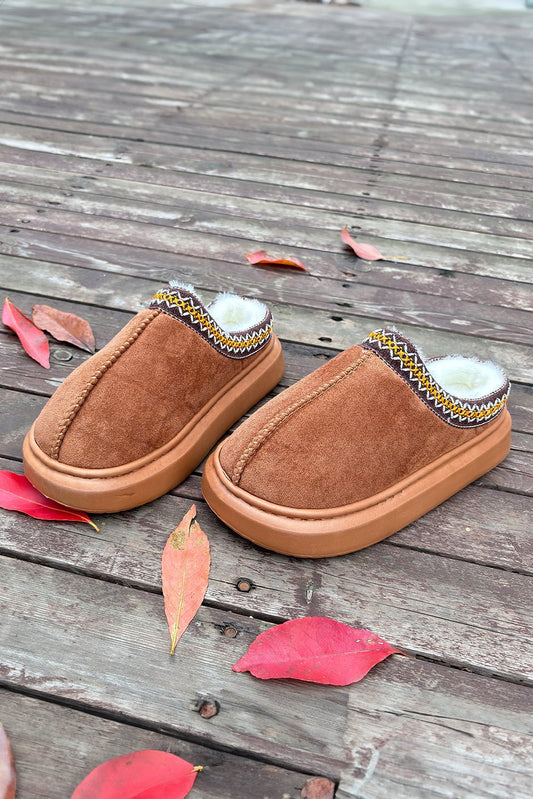 Crowned Energy CO. Chestnut / 37 Dear-Lover Dropshipping Shoes & Bags/Slippers Chestnut Contrast Edge Suede Plush Lined Thick Sole Winter Slippers