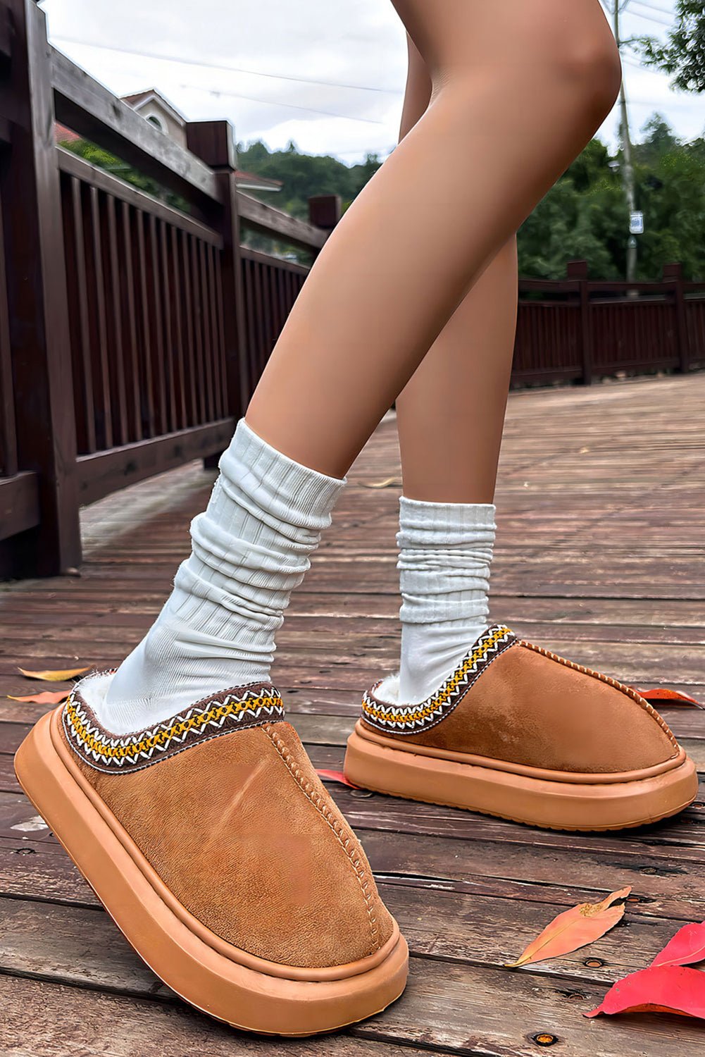 Crowned Energy CO. Chestnut / 37 Dear-Lover Dropshipping Shoes & Bags/Slippers Chestnut Contrast Edge Suede Plush Lined Thick Sole Winter Slippers