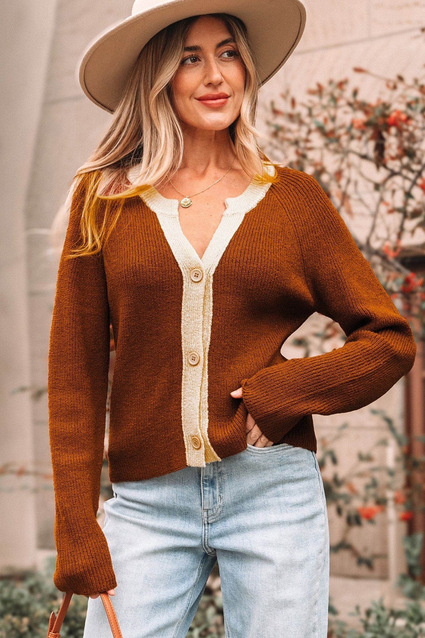 Crowned Energy CO. Chestnut / S / 100%Acrylic Dear-Lover Dropshipping Sweaters & Cardigans/Cardigans Chestnut Contrast Knit V Neckline Short Cardigan