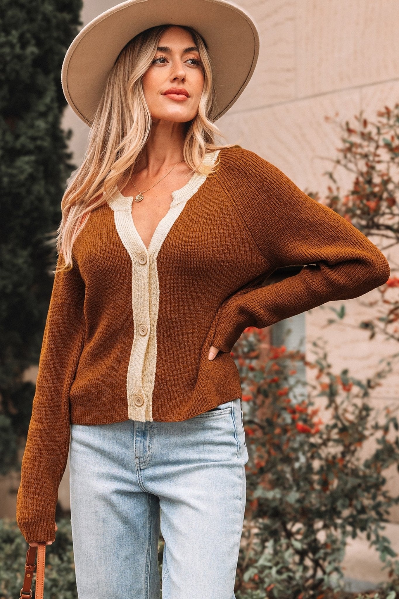 Crowned Energy CO. Chestnut / S / 100%Acrylic Dear-Lover Dropshipping Sweaters & Cardigans/Cardigans Chestnut Contrast Knit V Neckline Short Cardigan