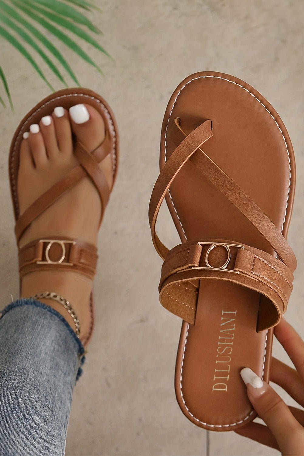 Crowned Energy CO. Chestnut / 37 Dear-Lover Dropshipping Shoes & Bags/Slippers Chestnut Cross Toe Metal Buckle Leathered Flat Slippers