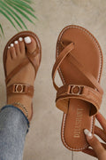 Crowned Energy CO. Chestnut / 37 Dear-Lover Dropshipping Shoes & Bags/Slippers Chestnut Cross Toe Metal Buckle Leathered Flat Slippers