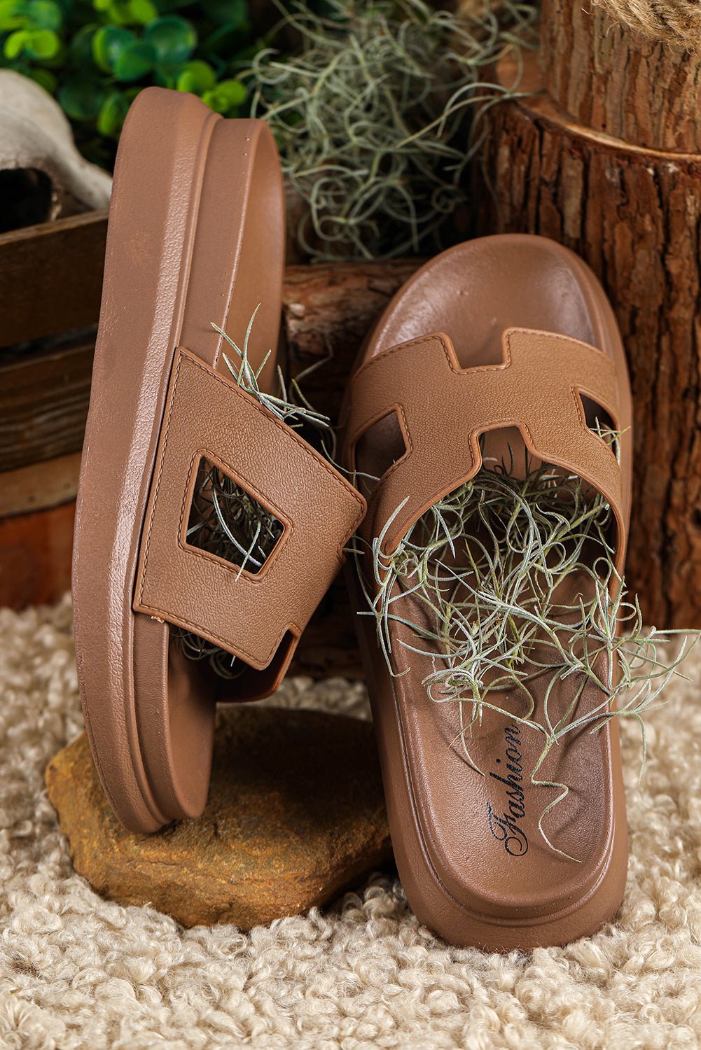Chestnut Cutout Design Open Toe Platform Slippers (Run Small, Size Up) - Crowned Energy CO.
