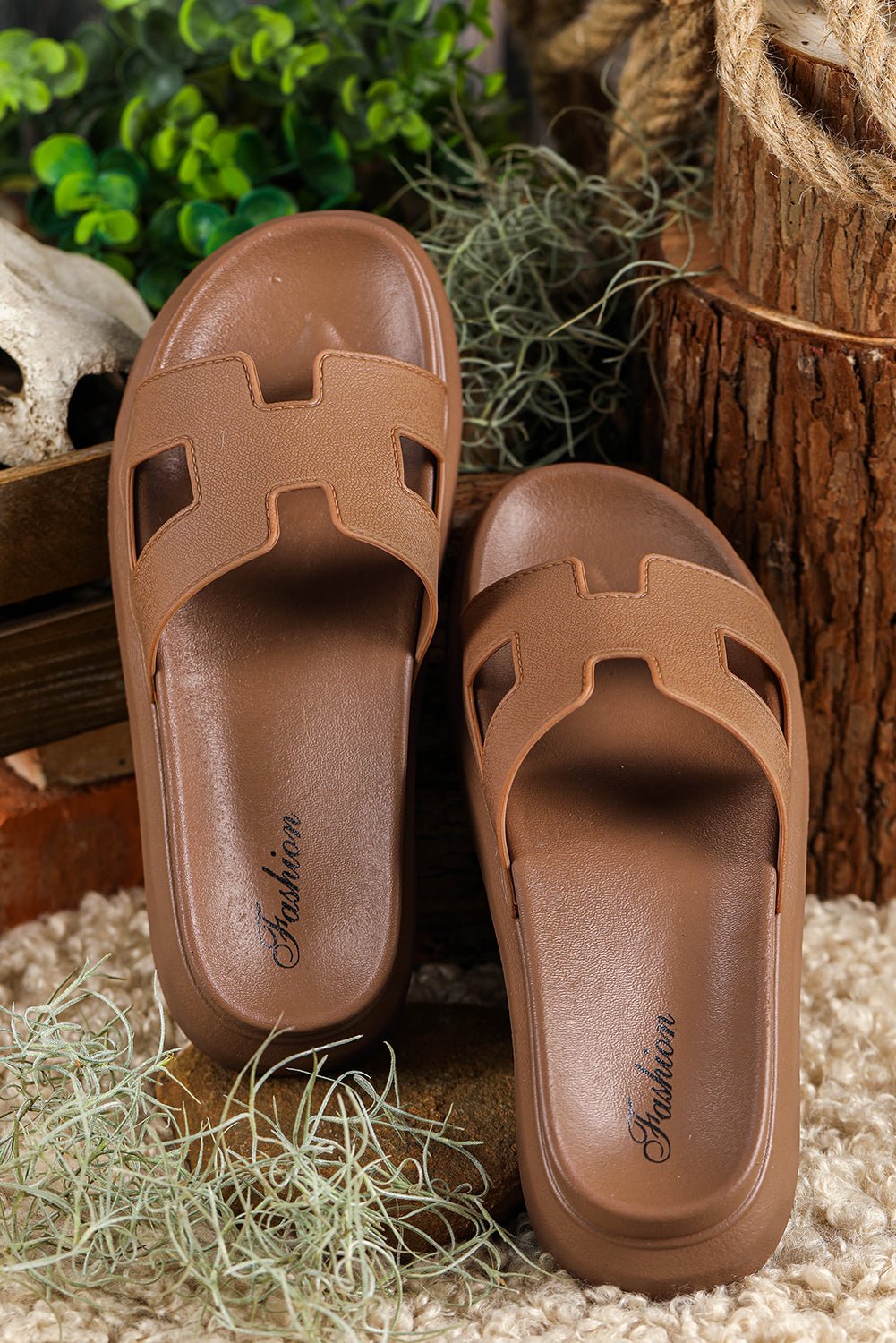 Chestnut Cutout Design Open Toe Platform Slippers (Run Small, Size Up) - Crowned Energy CO.