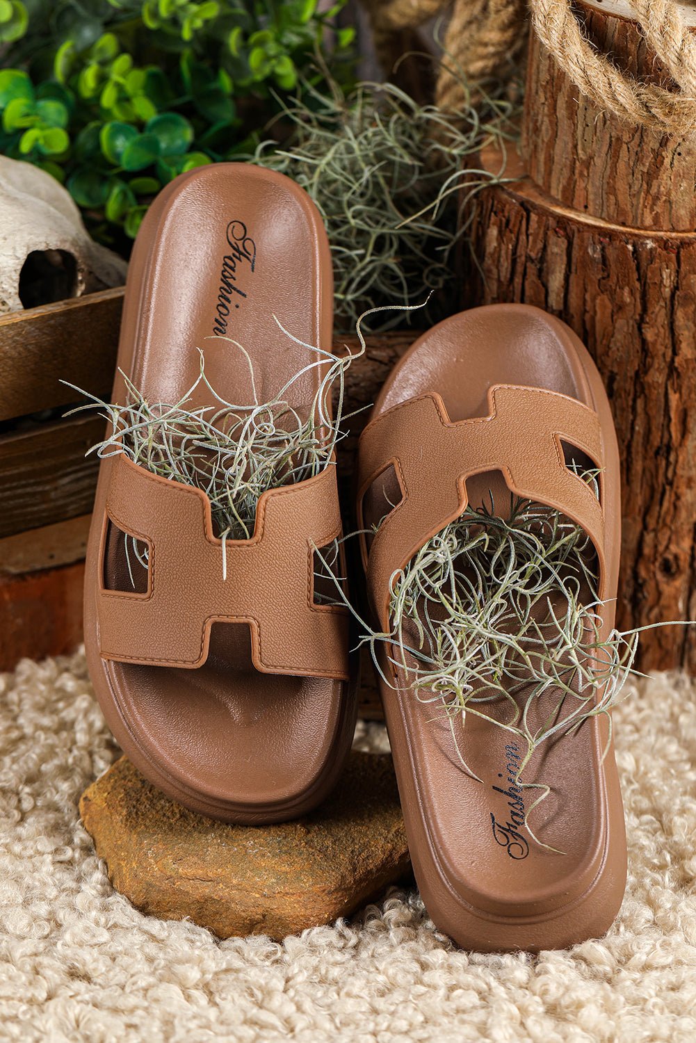 Chestnut Cutout Design Open Toe Platform Slippers (Run Small, Size Up) - Crowned Energy CO.