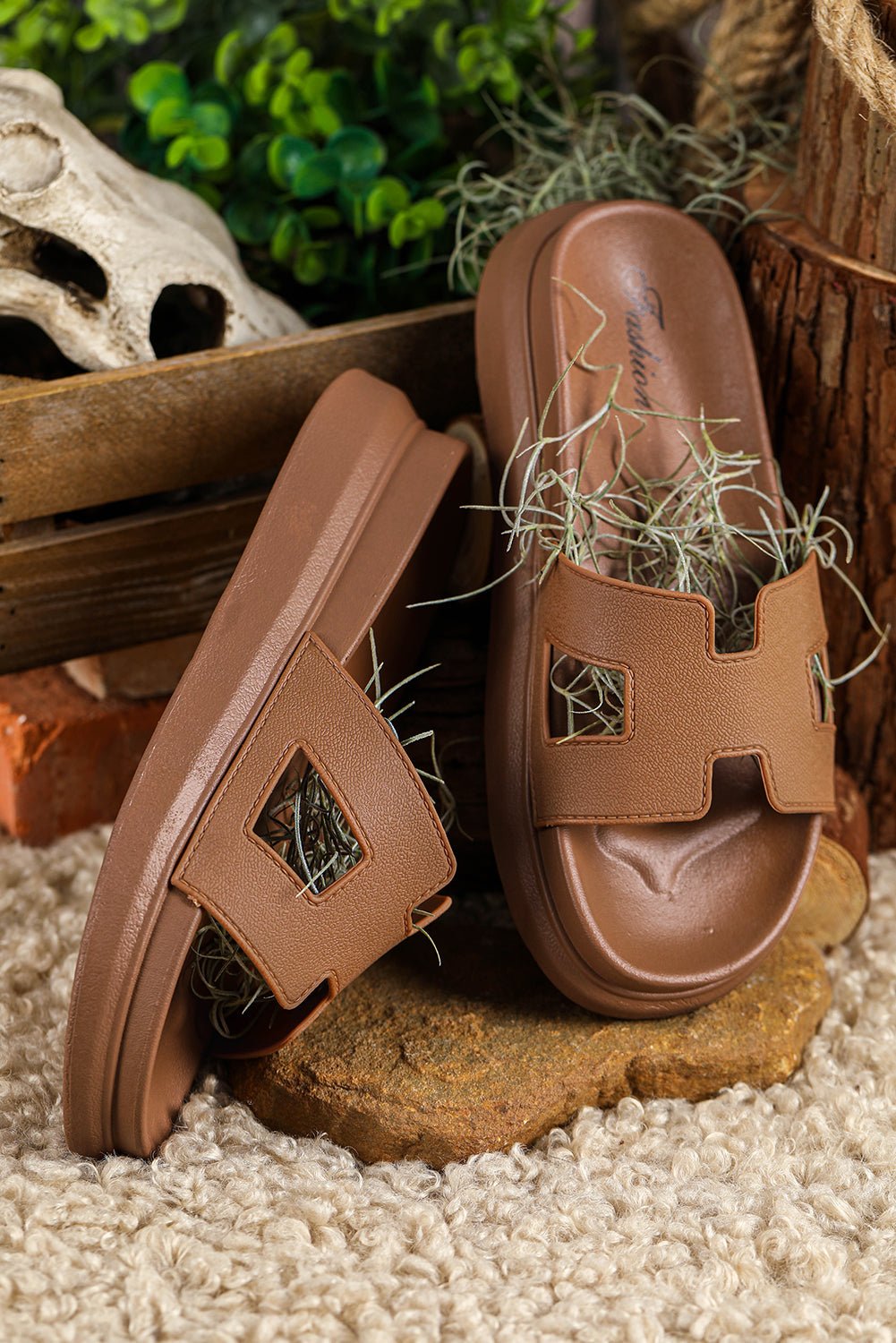 Chestnut Cutout Design Open Toe Platform Slippers (Run Small, Size Up) - Crowned Energy CO.
