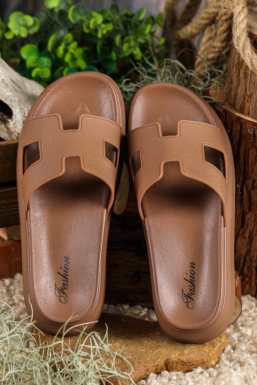 Chestnut Cutout Design Open Toe Platform Slippers (Run Small, Size Up) - Crowned Energy CO.