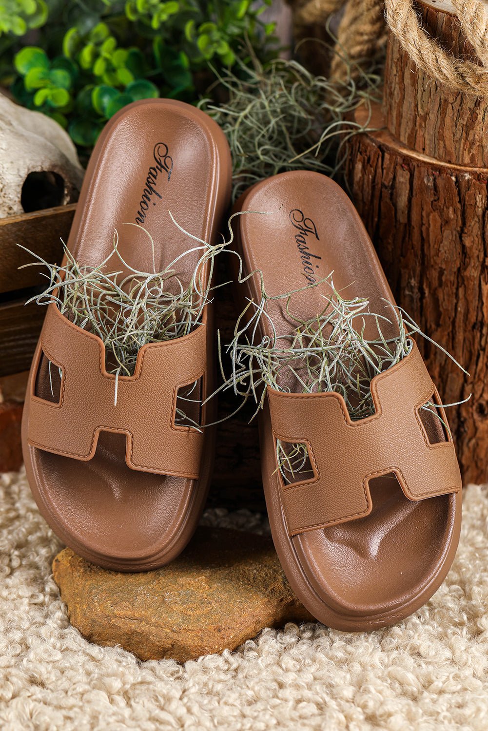 Chestnut Cutout Design Open Toe Platform Slippers (Run Small, Size Up) - Crowned Energy CO.