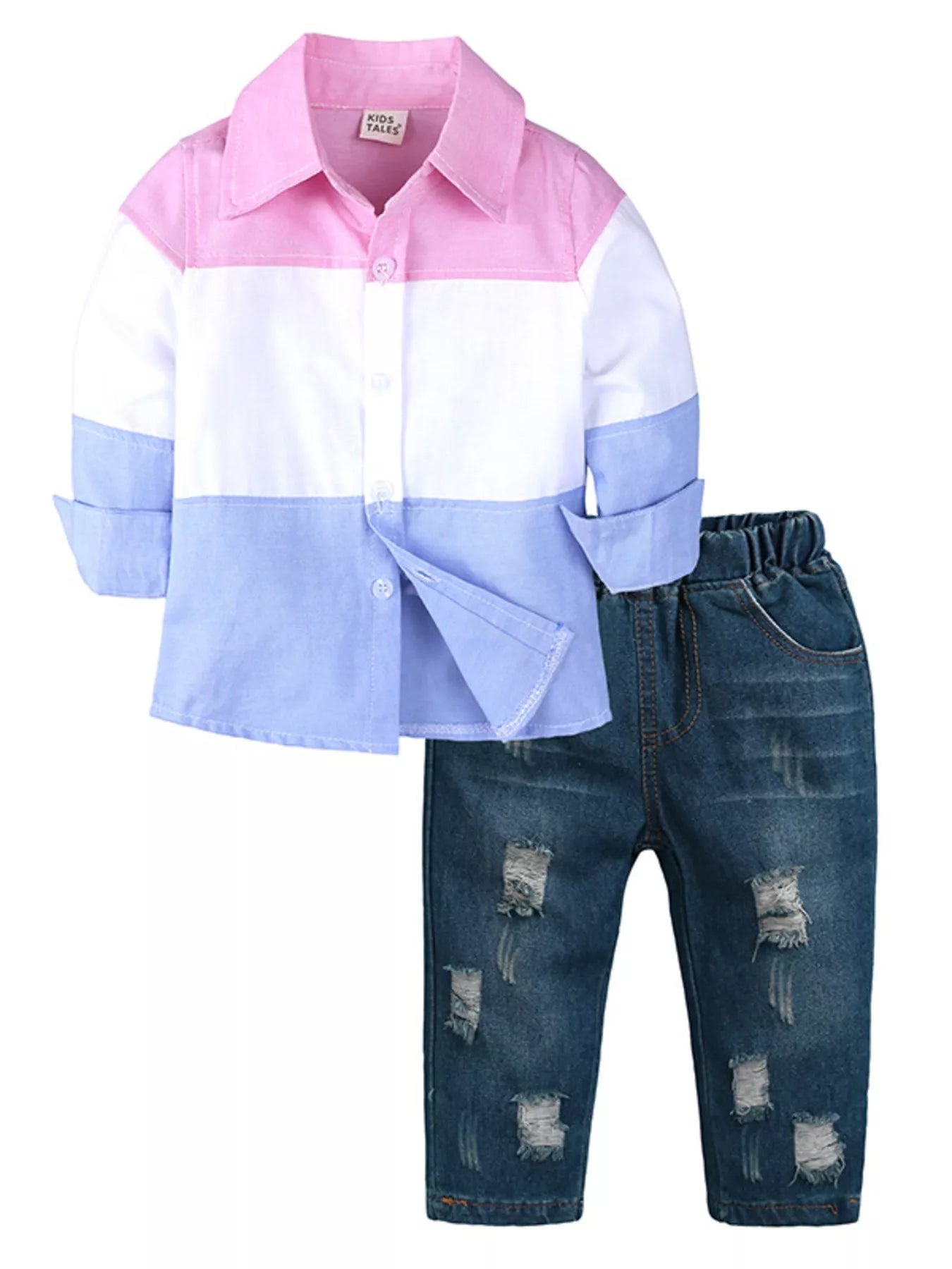Children's Color Block Shirt & Ripped Jeans Set - Crowned Energy CO.