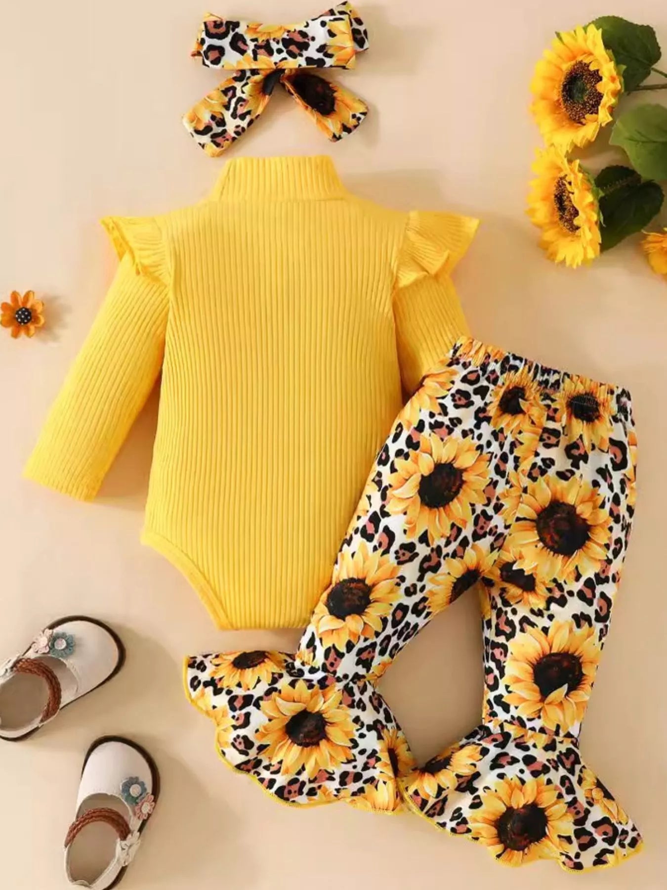 Children's Ruffled Bodysuit and Sunflower Pants Set - Crowned Energy CO.