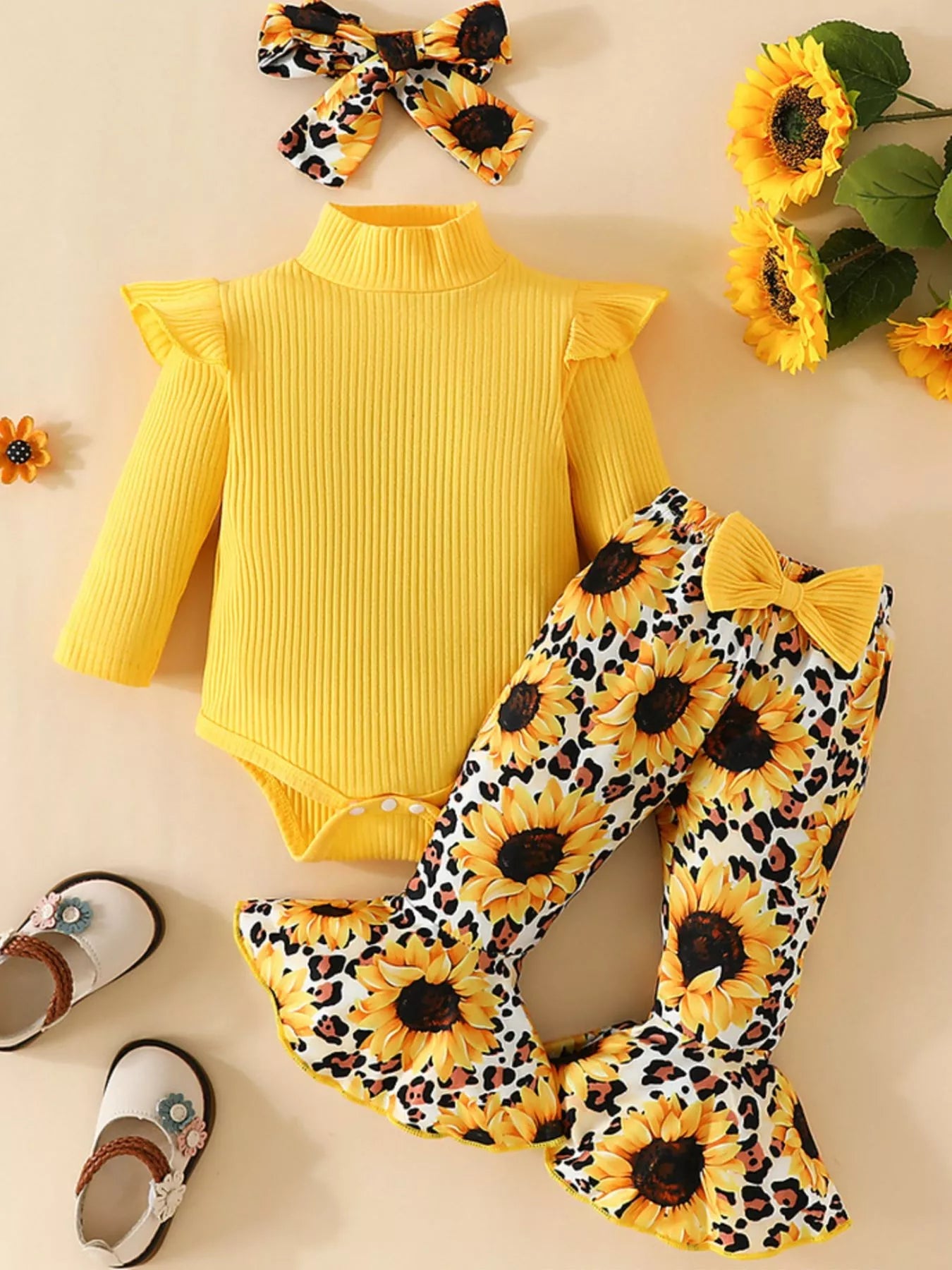 Children's Ruffled Bodysuit and Sunflower Pants Set - Crowned Energy CO.