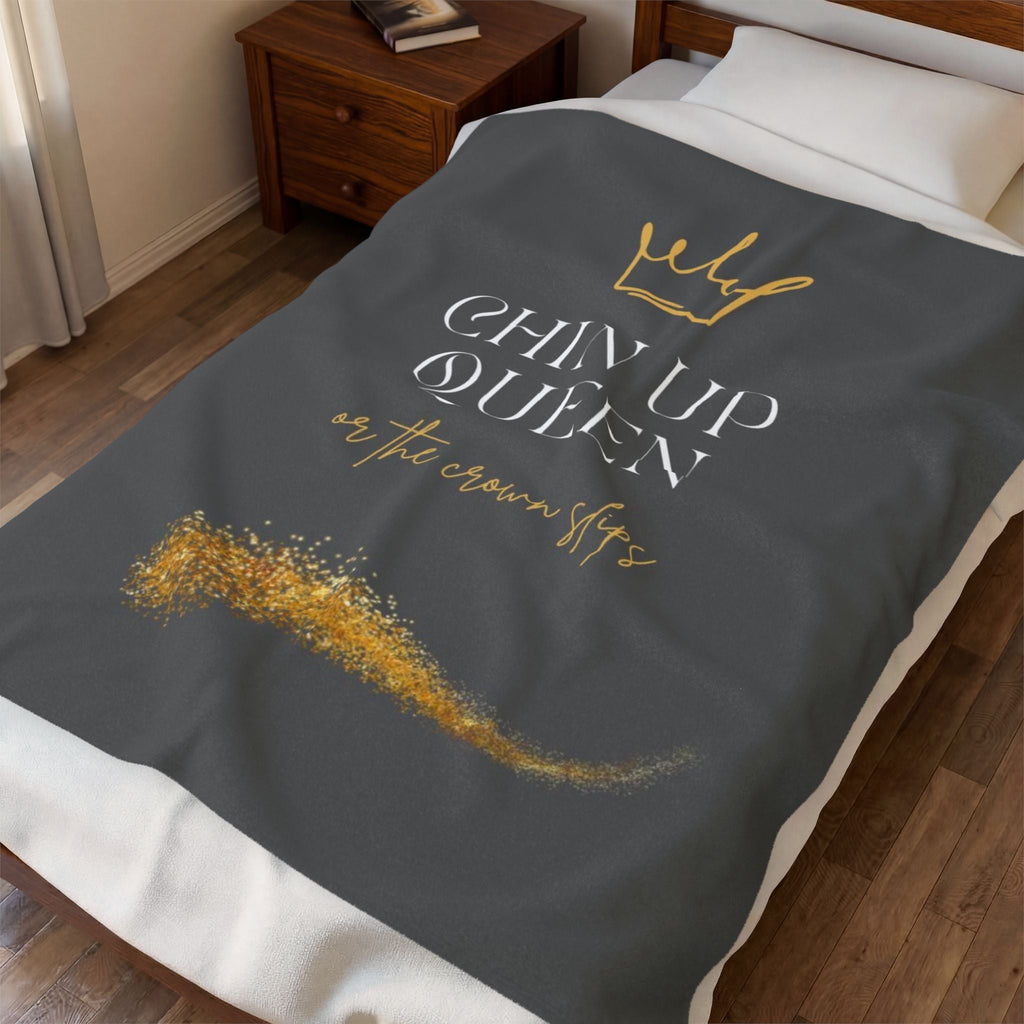 Chin Up Queen Velveteen Plush Blanket – Inspirational Gold Crown Throw - Crowned Energy CO.
