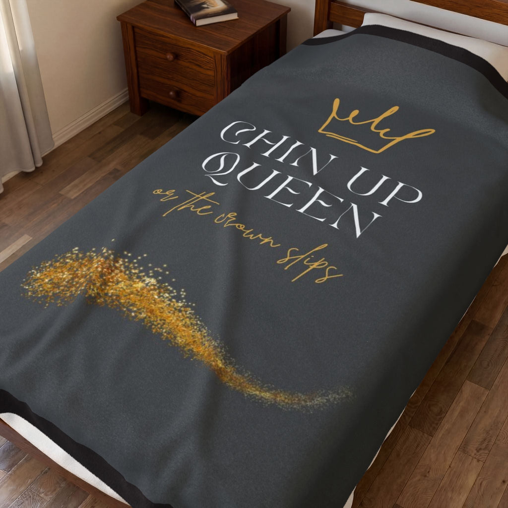 Chin Up Queen Velveteen Plush Blanket – Inspirational Gold Crown Throw - Crowned Energy CO.