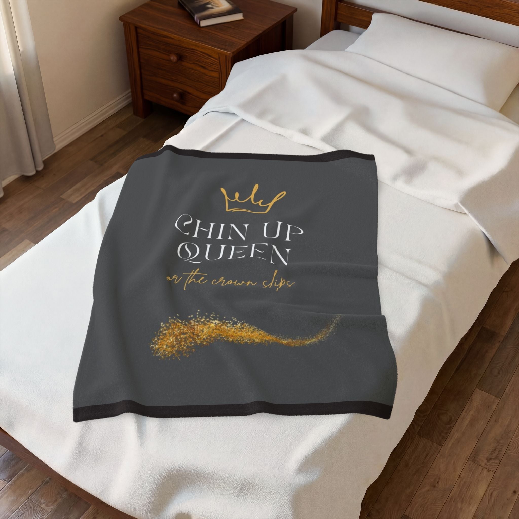 Chin Up Queen Velveteen Plush Blanket – Inspirational Gold Crown Throw - Crowned Energy CO.