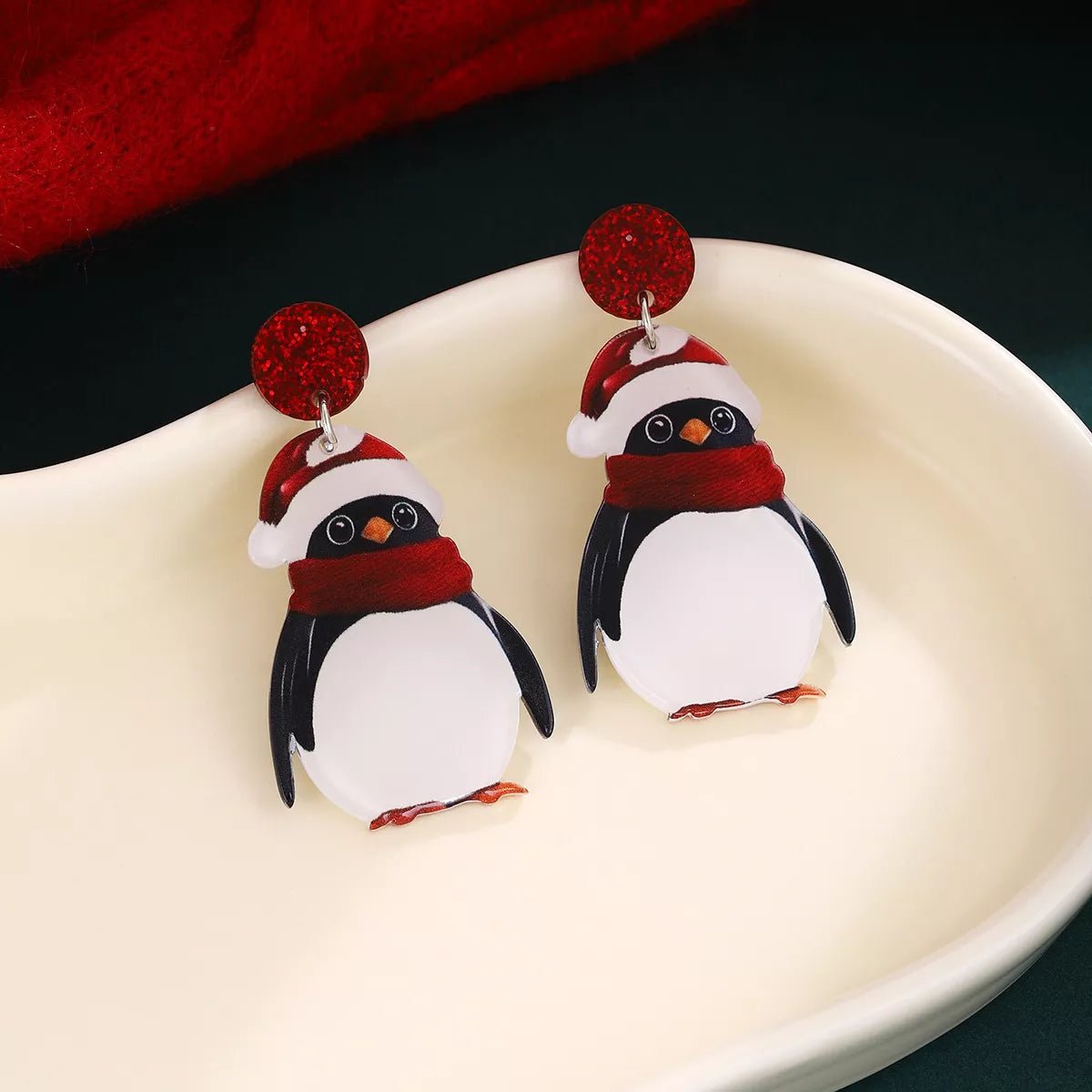 Crowned Energy CO. Burgundy / One Size Trendsi Accessories Christmas Penguin Santa Hat Holiday Earrings