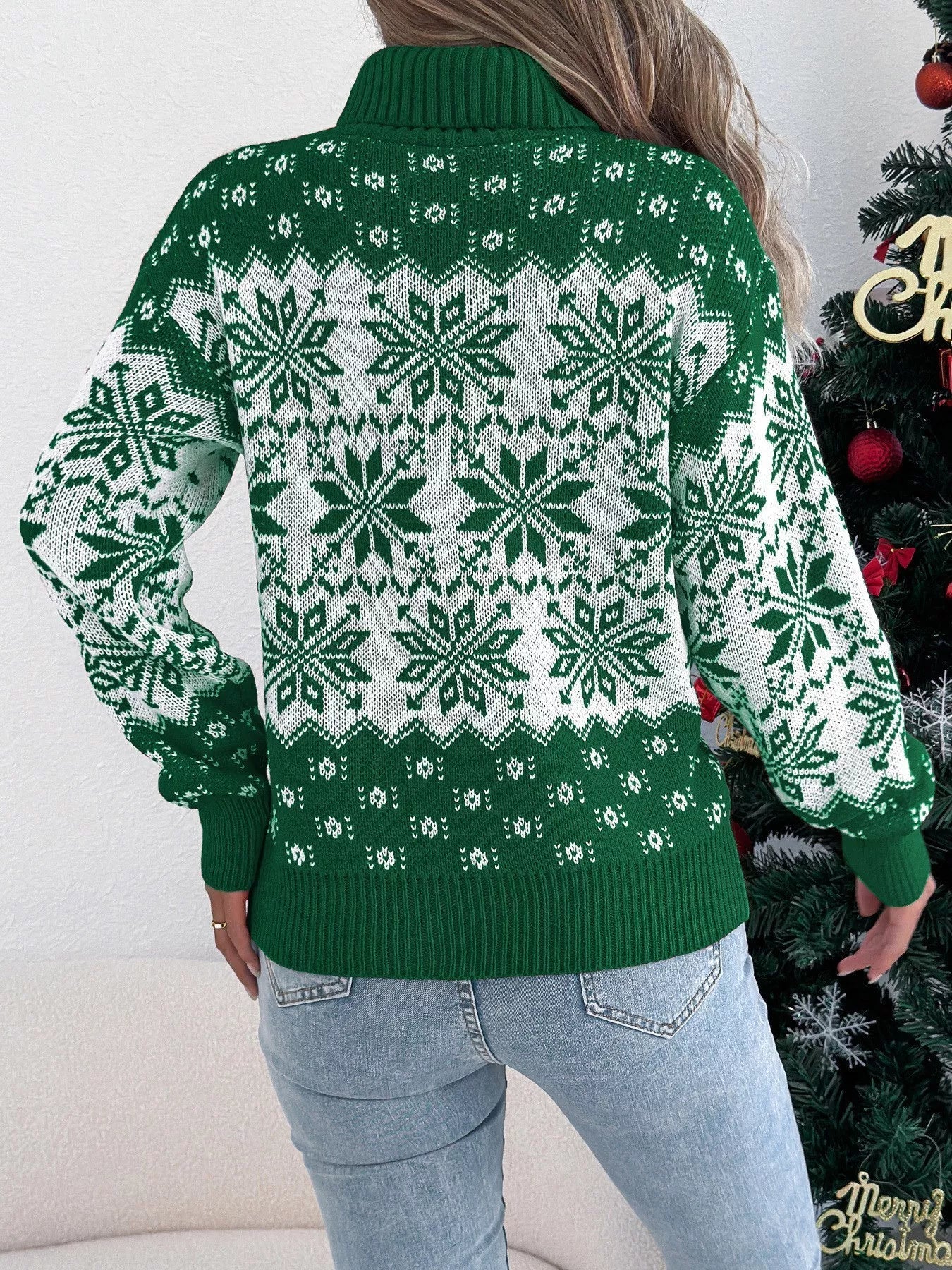Crowned Energy CO. Green / S Trendsi Sweaters & Cardigans/Cardigans Christmas Snowflake Turtleneck Long Sleeve Sweater