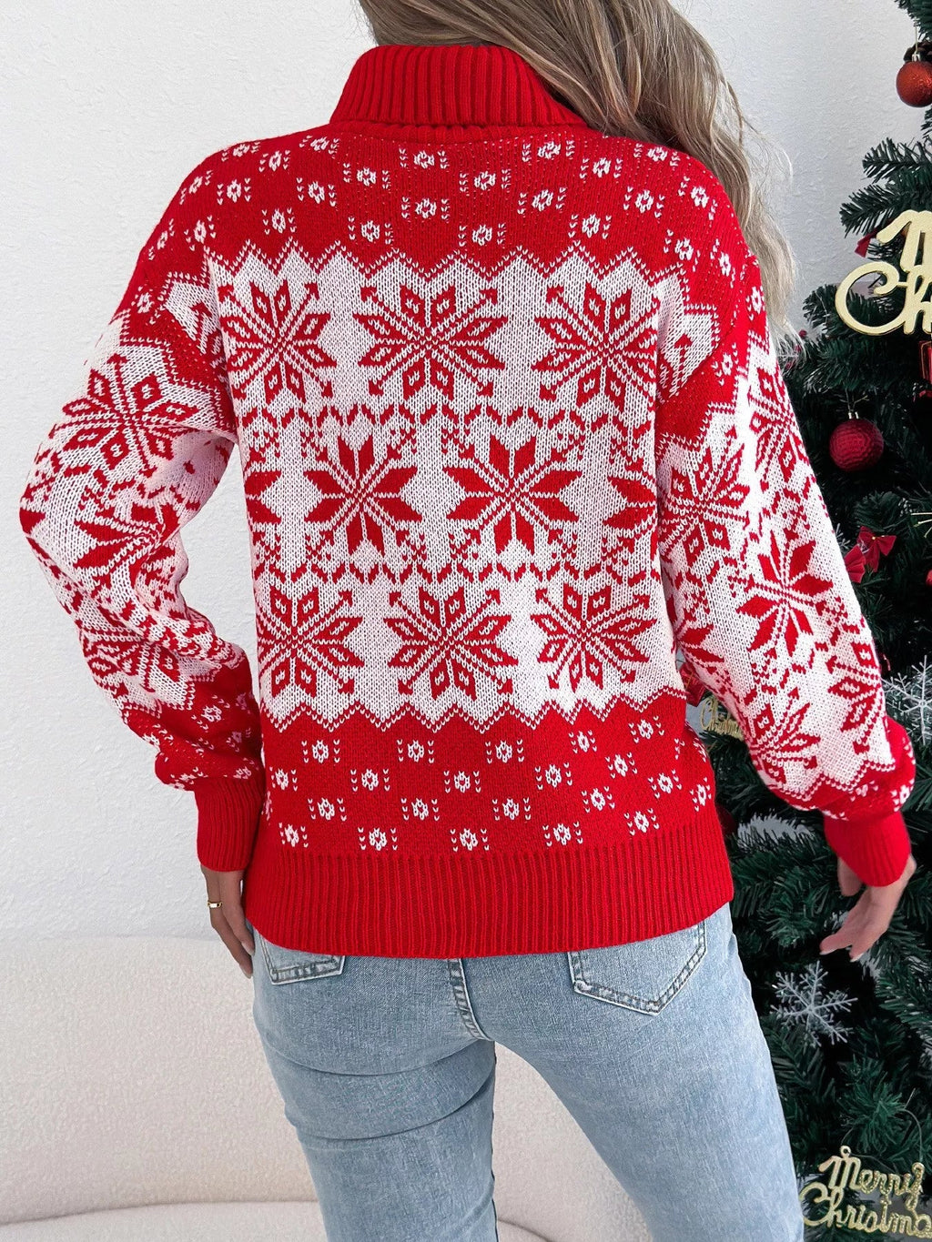 Crowned Energy CO. Green / S Trendsi Sweaters & Cardigans/Cardigans Christmas Snowflake Turtleneck Long Sleeve Sweater