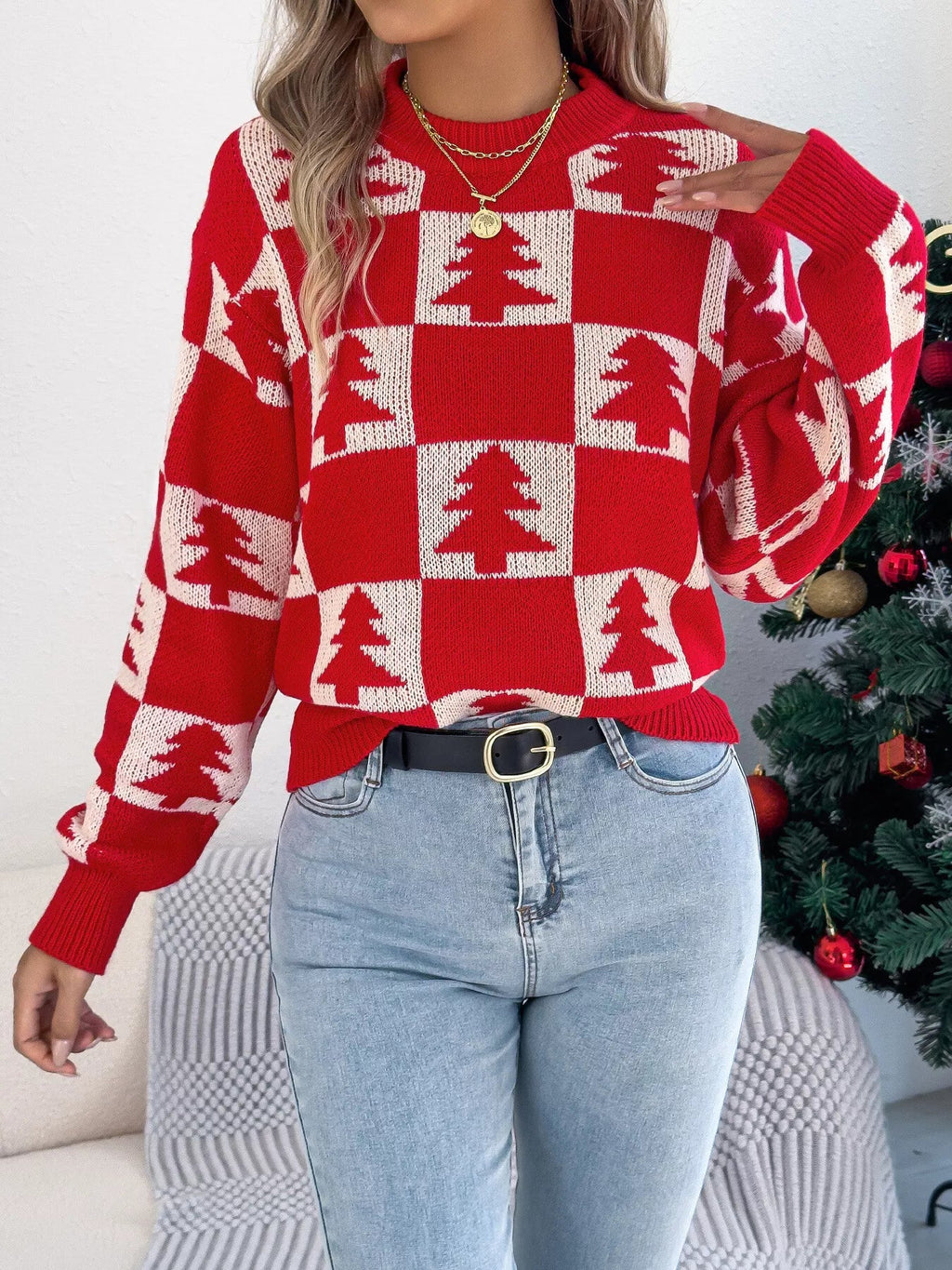 Crowned Energy CO. Red / S Trendsi Sweaters & Cardigans/Cardigans Christmas Tree Checkerboard Pattern Sweater