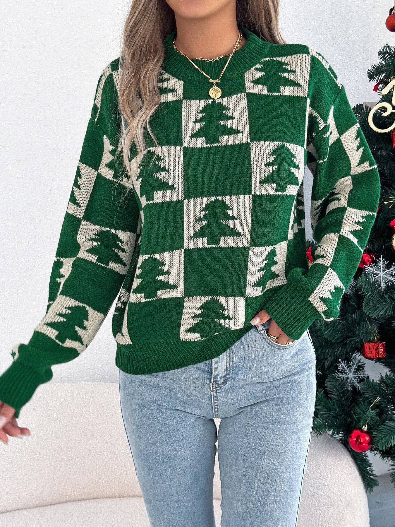 Crowned Energy CO. Red / S Trendsi Sweaters & Cardigans/Cardigans Christmas Tree Checkerboard Pattern Sweater